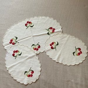 3 Doilies, Cross Stitched Cherries Cream Linen, Scallop Ends,handmade,Christmas